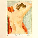 Afer the bath, whiteline woodblock print, 7 x 5" (10 x 8: matted and framed)